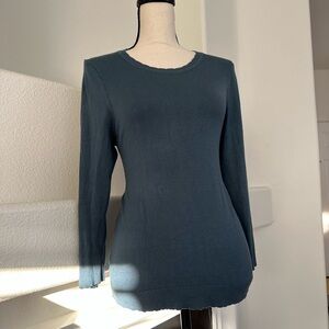 Ann Taylor Factory Long Sleeve Knit Top in Teal Blue Scallop Trim Size M